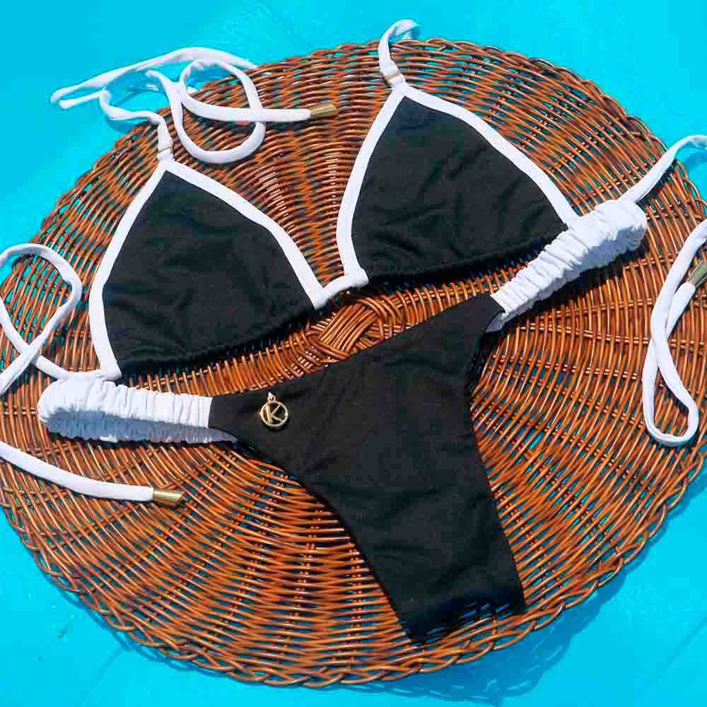Conjunto de biquíni Bicolor White and Black | Top Mila + Tanga Flora | Top Micro Cortininha sem Bojo | Tanga Elástico Frufru Fio Dental