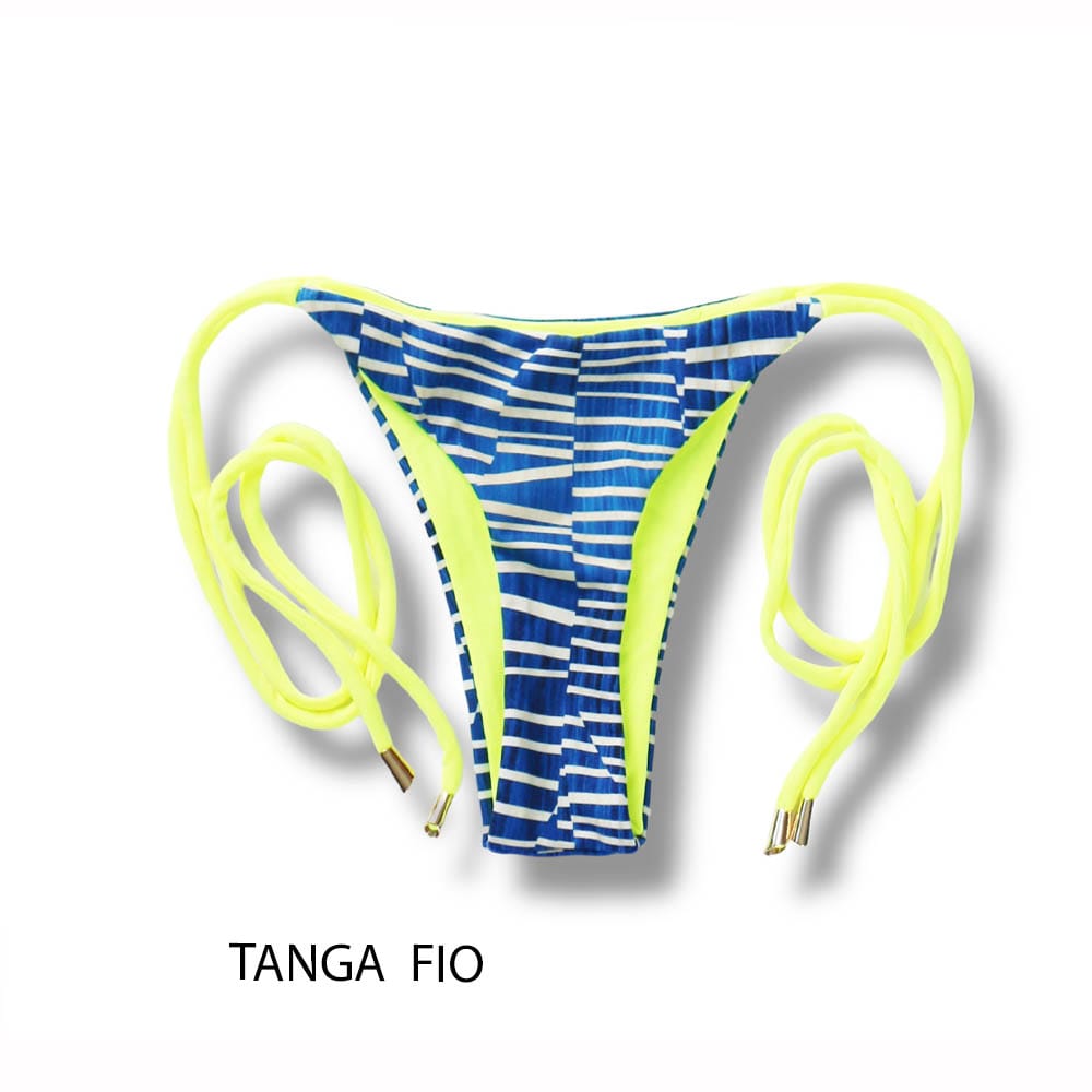 Tanga Cora Floripa | Biquíni Estampado Fio Dental com Laço para Amarrar | Dupla Face Amarelo Neon | Reversível