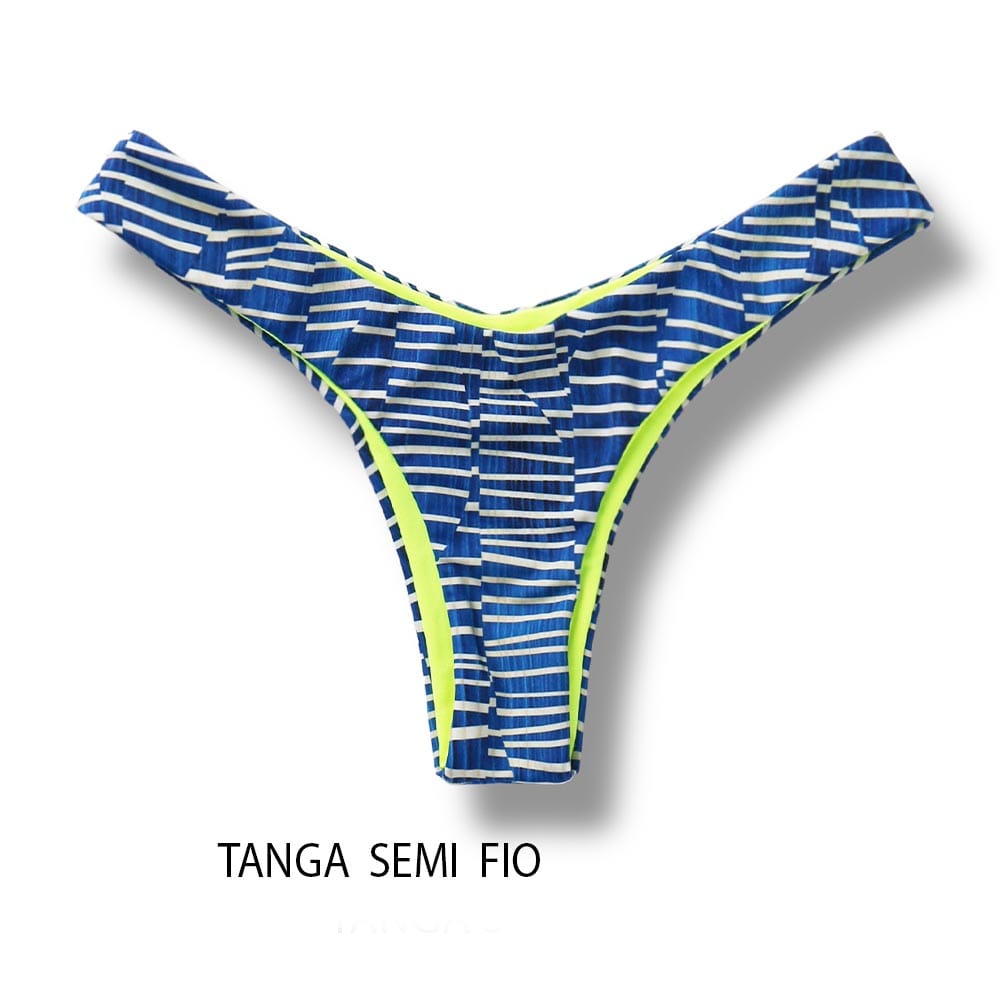 Tanga Eva Floripa | Biquíni Estampado Semi Fio Asa Delta | Aviador | Dupla Face Amarelo Neon | Reversível
