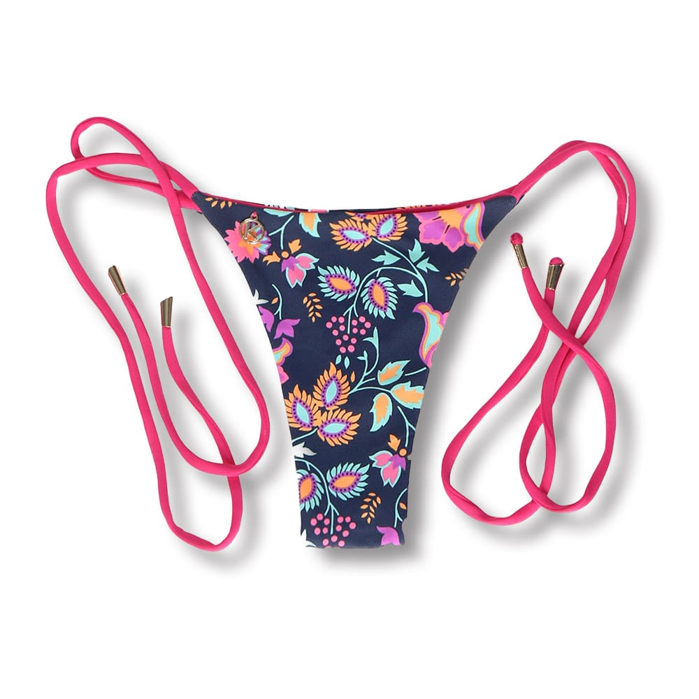 Tanga Cora Bosque | Biquini Estampado | Tanga Fio Dental | Tira de Laço Fino | Dupla Face Pink | Reversível