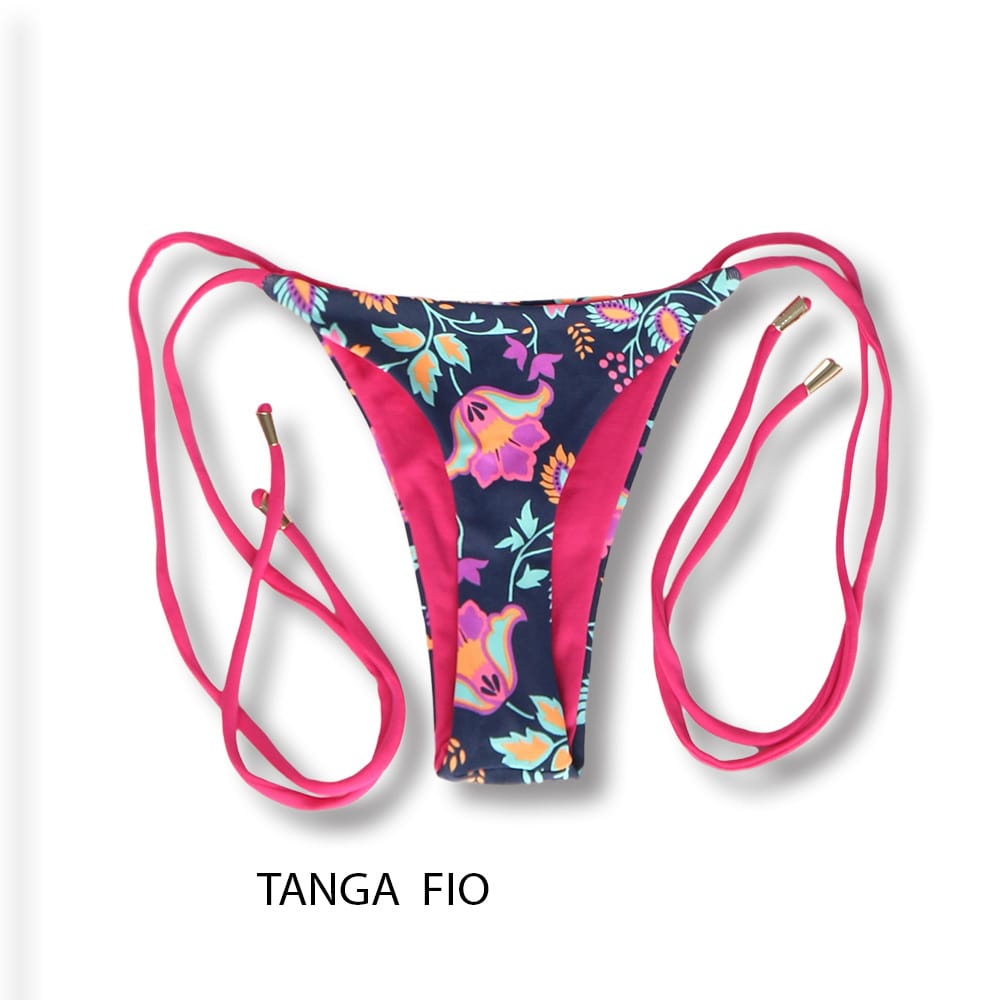 Tanga Cora Bosque | Biquini Estampado | Tanga Fio Dental | Tira de Laço Fino | Dupla Face Pink | Reversível