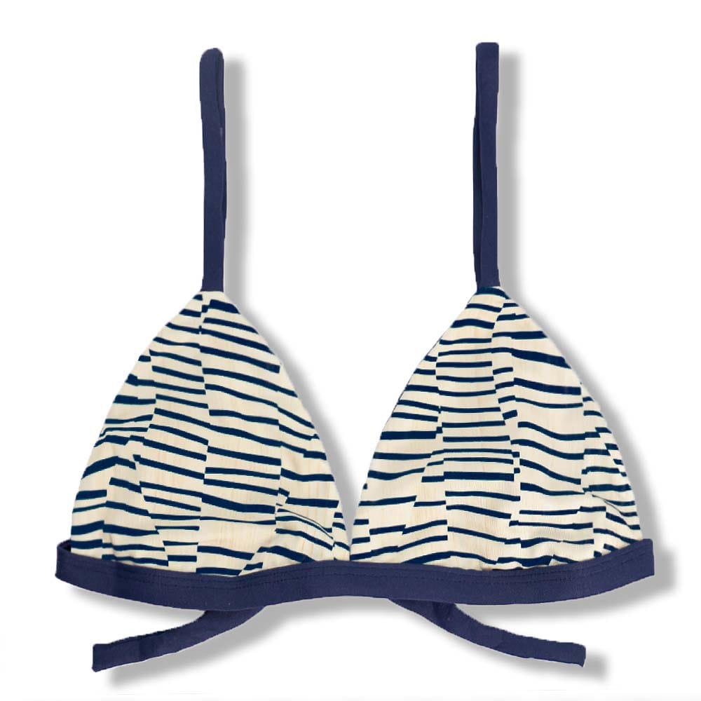 Top Jade Mareia | Cortininha Triângulo Fixo | Estilo Sutiã com Amarração nas Costas | Alças com Regulagem | Biquíni Estampado | Detalhes Azul Marinho