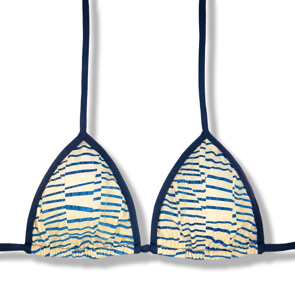 Top Mara Mareia| Cortininha com Viés | Amarração nas Costas e Pescoço | Biquíni Estampa Mareia | Detalhes Azul Marinho