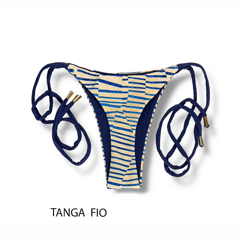 Tanga Cora Mareia | Biquíni Estampado Fio Dental com Laço para Amarrar | Dupla Face Azul Marinho| Reversível |
