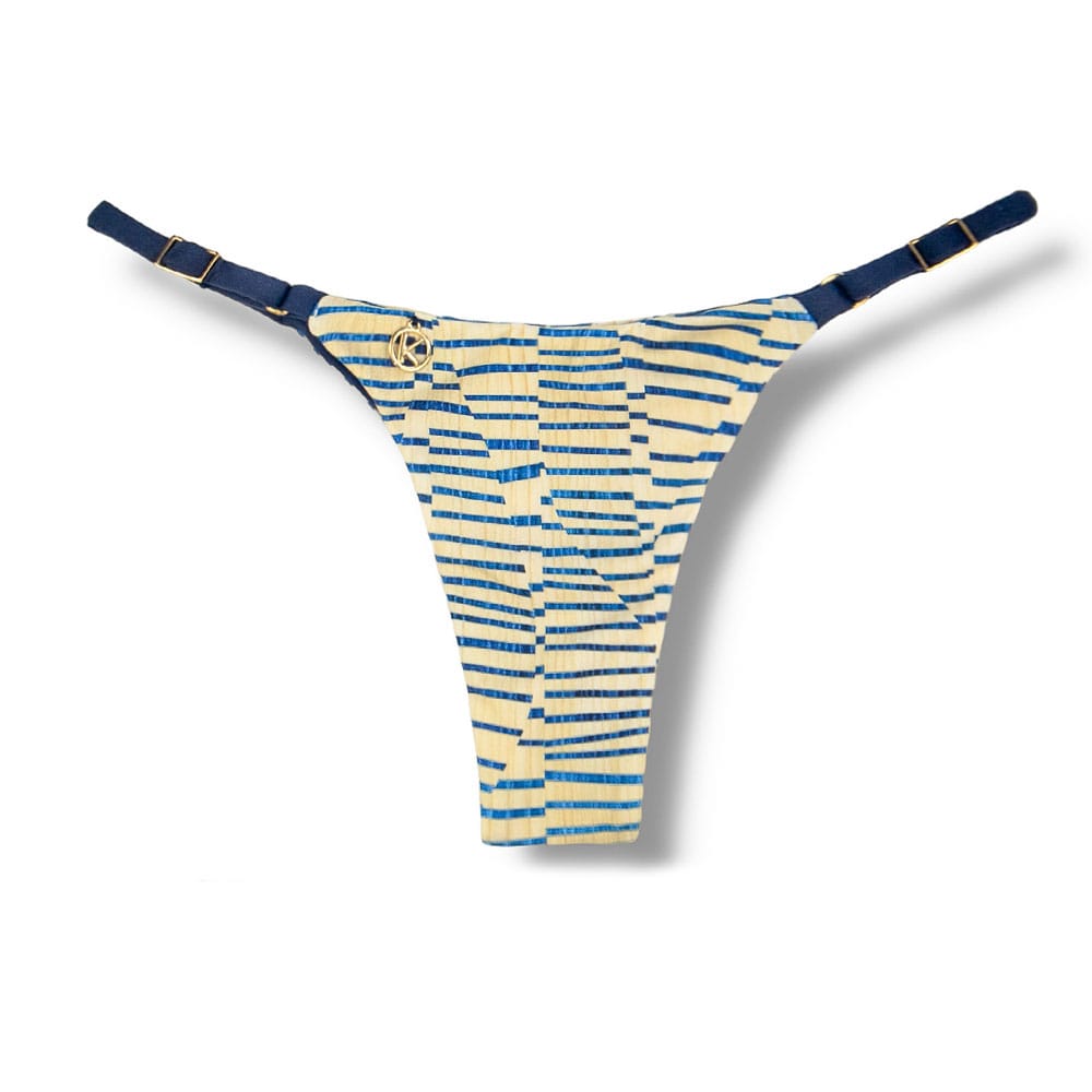 Tanga Mia Mareia | Biquíni Estampado Semi Fio | Tira Fina Regulável | Marquinha de Fita | Detalhe Azul Marinho