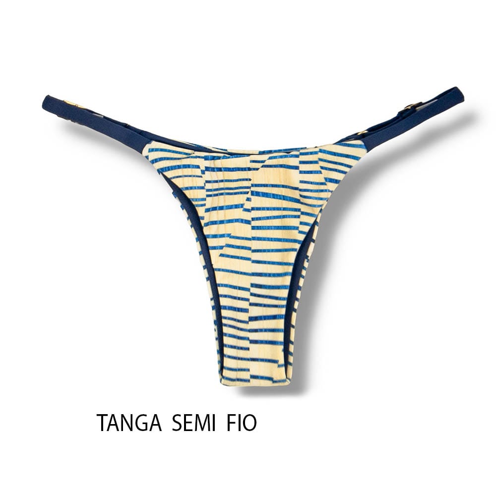 Tanga Mia Mareia | Biquíni Estampado Semi Fio | Tira Fina Regulável | Marquinha de Fita | Detalhe Azul Marinho