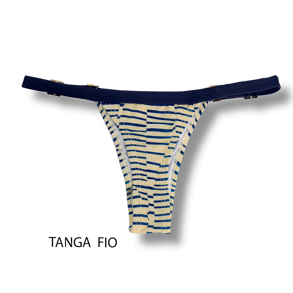 Tanga Fany Mareia | Biquíni Estampado Semi Fio Marquinha de Fita | Regulável | Detalhe Azul Marinho