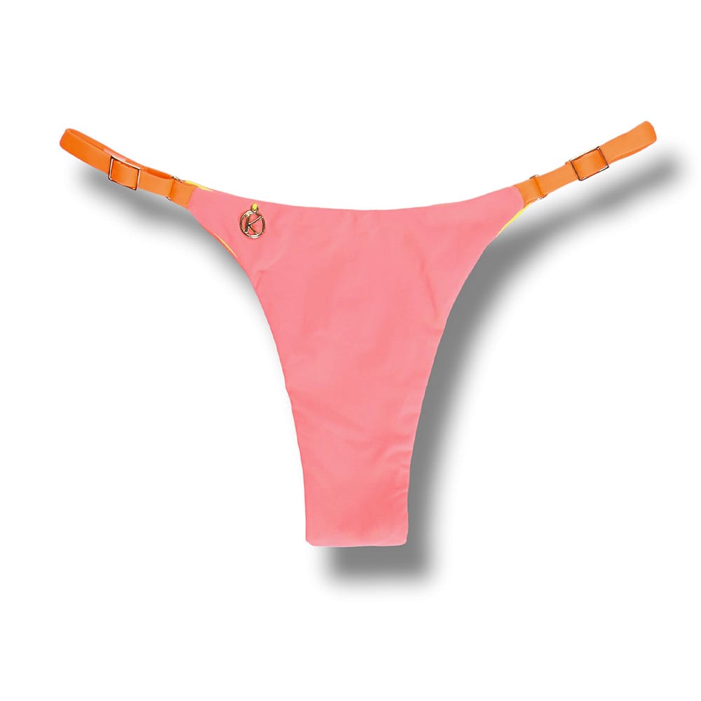 Tanga Mia Lollipop | Biquíni Liso Semi Fio | Tira Fina Regulável | Marquinha de Fita | Cor Pêssego | Detalhes em Laranja e Amarelo Neon