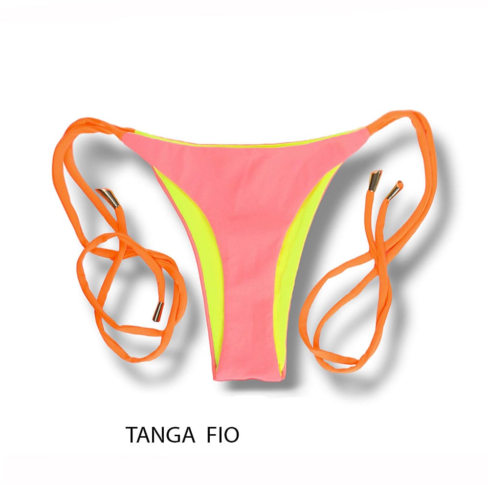 Tanga Cora Lollipop | Biquíni Fio Dental com Laço para Amarrar na Cor Laranja | Dupla Face Pêssego e Amarelo Neon  | Reversível