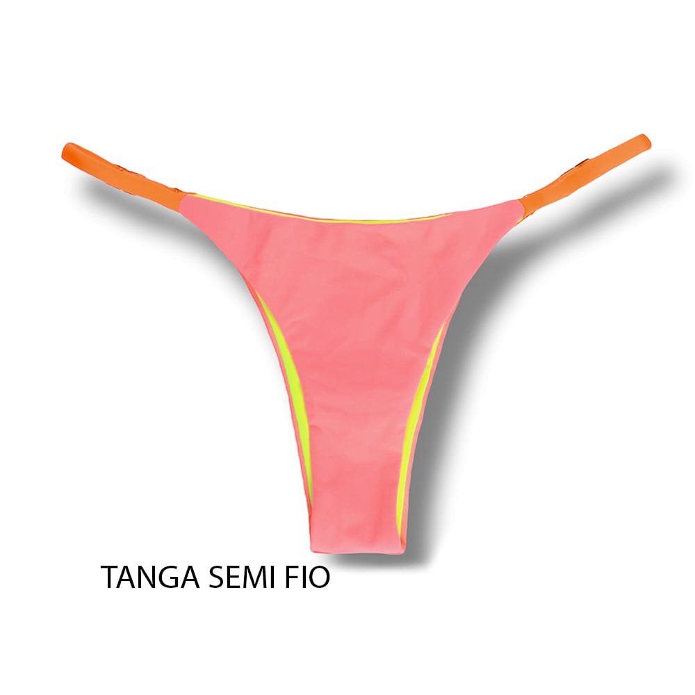 Tanga Mia Lollipop | Biquíni Liso Semi Fio | Tira Fina Regulável | Marquinha de Fita | Cor Pêssego | Detalhes em Laranja e Amarelo Neon