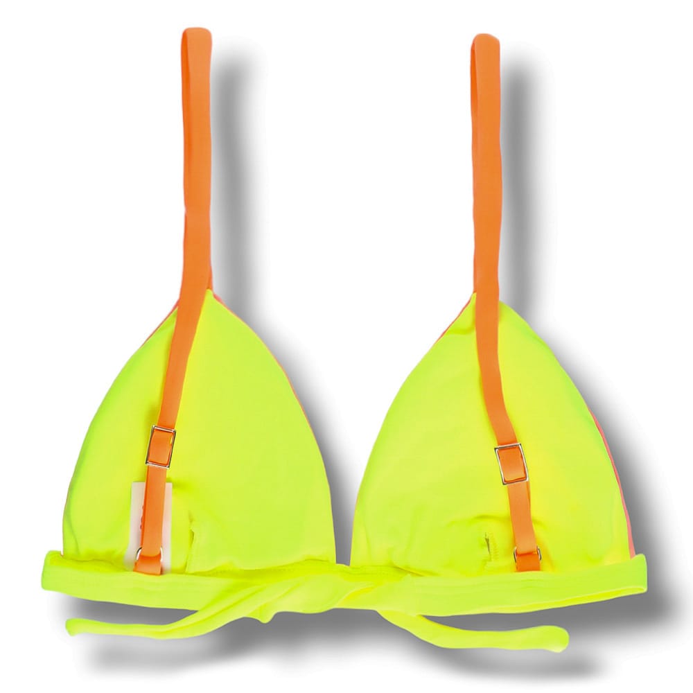 Top Jade Lollipop | Cortininha Triângulo Fixo | Estilo Sutiã com Amarração nas Costas | Alças com Regulagem | Biquíni Liso cor Pêssego | Detalhes Laranja e Amarelo Neon