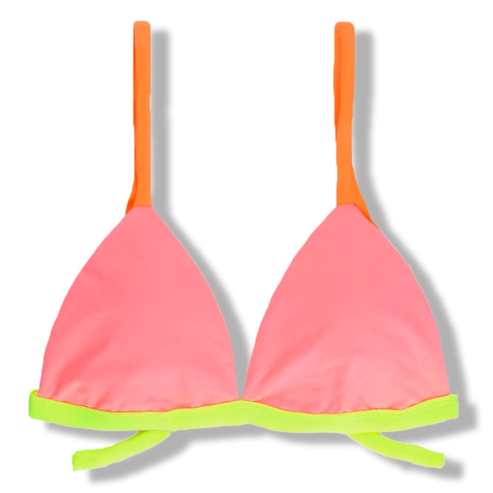 Top Jade Lollipop | Cortininha Triângulo Fixo | Estilo Sutiã com Amarração nas Costas | Alças com Regulagem | Biquíni Liso cor Pêssego | Detalhes Laranja e Amarelo Neon