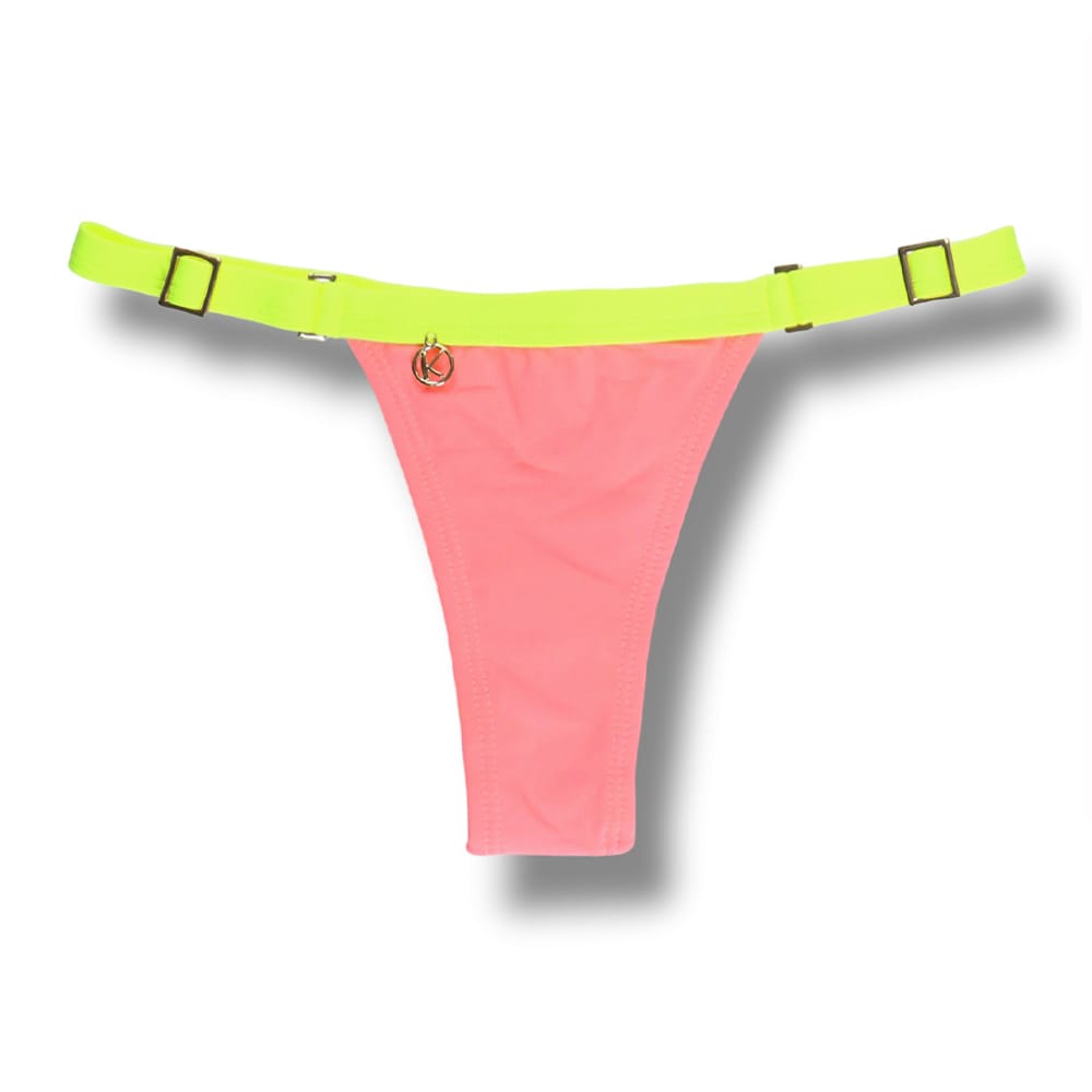 Tanga Fany Lollipop | Biquíni Liso Semi Fio | Marquinha de Fita | Regulável | Cor Pêssego | Detalhe Amarelo Neon