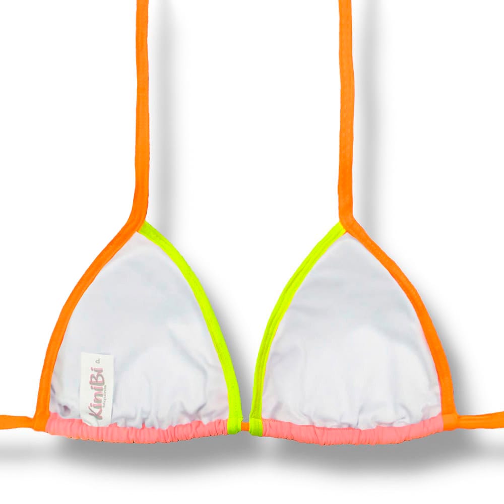 Top Mara Lollipop | Cortininha com Viés | Amarração nas Costas e Pescoço | Biquíni  Liso cor Pêssego | Detalhes em Laranja e Amarelo Neon