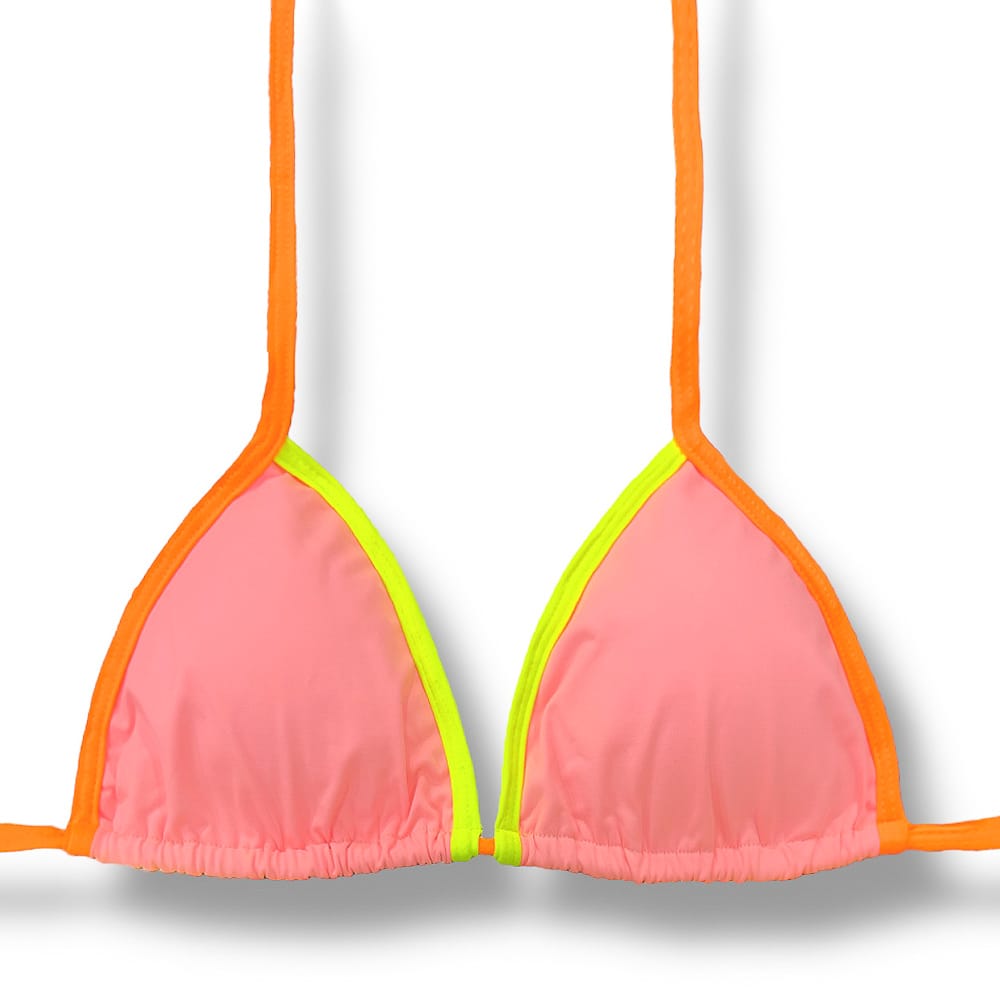 Top Mara Lollipop | Cortininha com Viés | Amarração nas Costas e Pescoço | Biquíni  Liso cor Pêssego | Detalhes em Laranja e Amarelo Neon