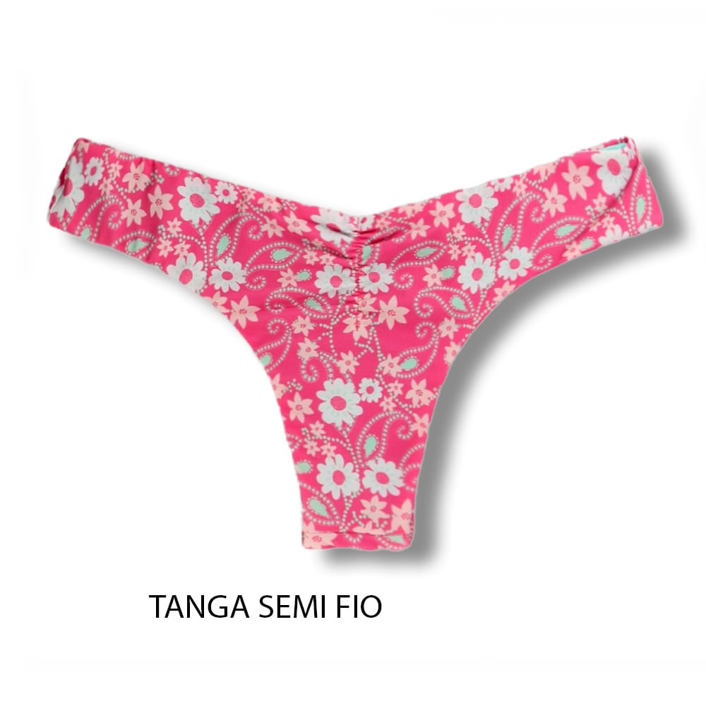 Conjunto de Biquini Floral Rosa com a Combinação Verde Mint | Top Jade + Tanga Isa | Tanga dupla face reversível com drapeado no bumbum | Top com regulador na alça com abertura para bojo