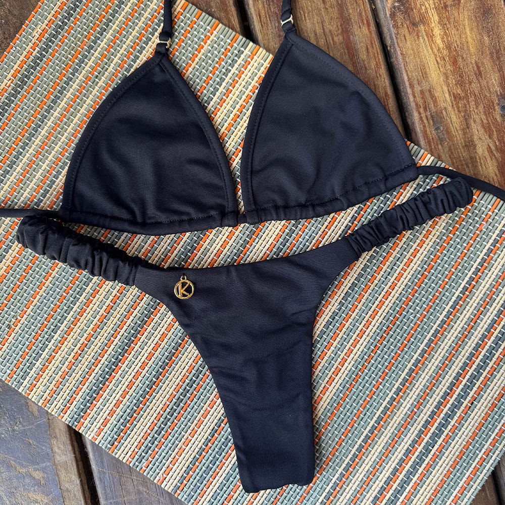Conjunto de biquíni Frufru Preto | Top Mila + Tanga Flora | Top Micro Cortininha sem Bojo | Tanga Elástico Frufru Fio Dental