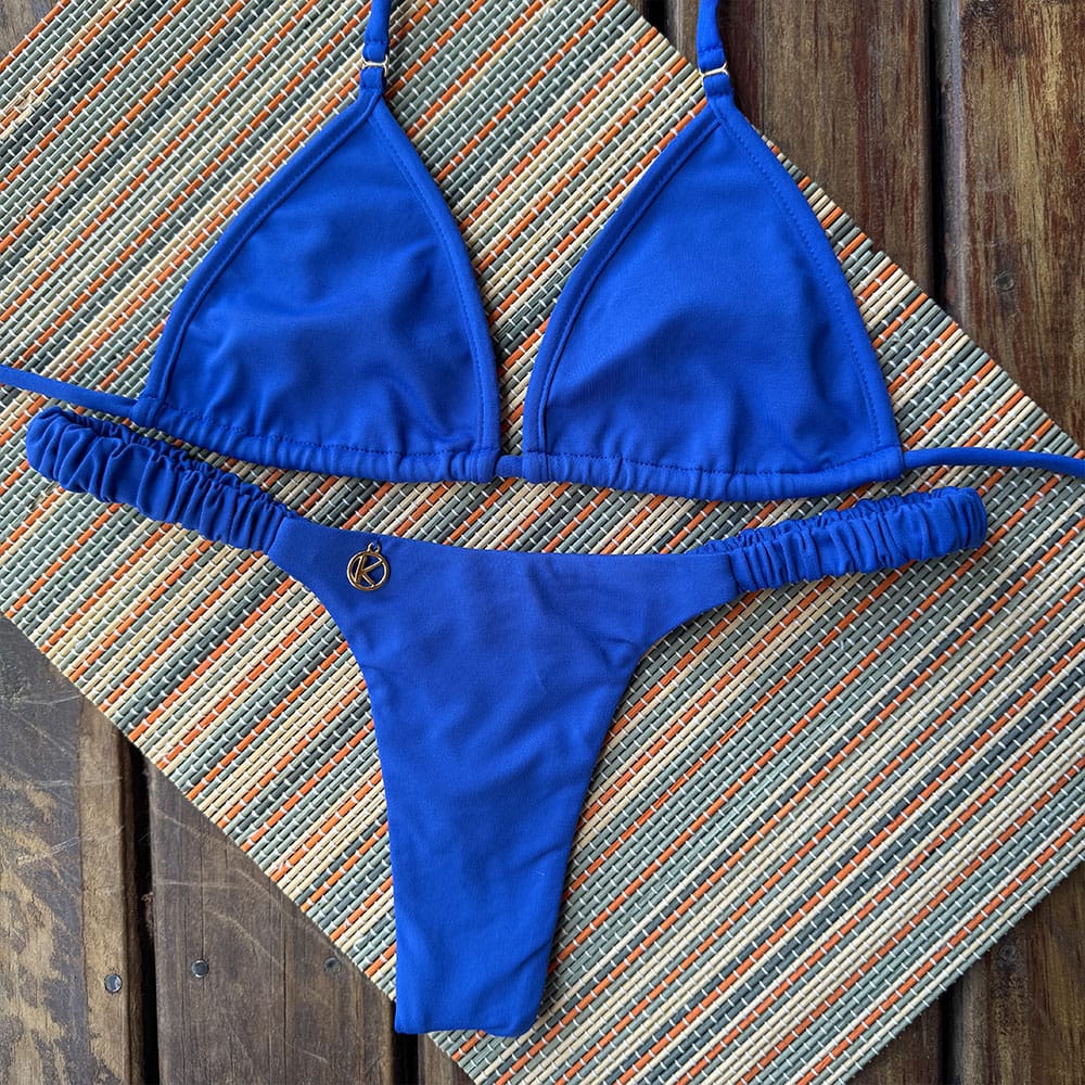 Conjunto de biquíni Frufru Azul Cobalto | Top Mila + Tanga Flora | Top Micro Cortininha sem Bojo | Tanga Elástico Frufru Fio Dental