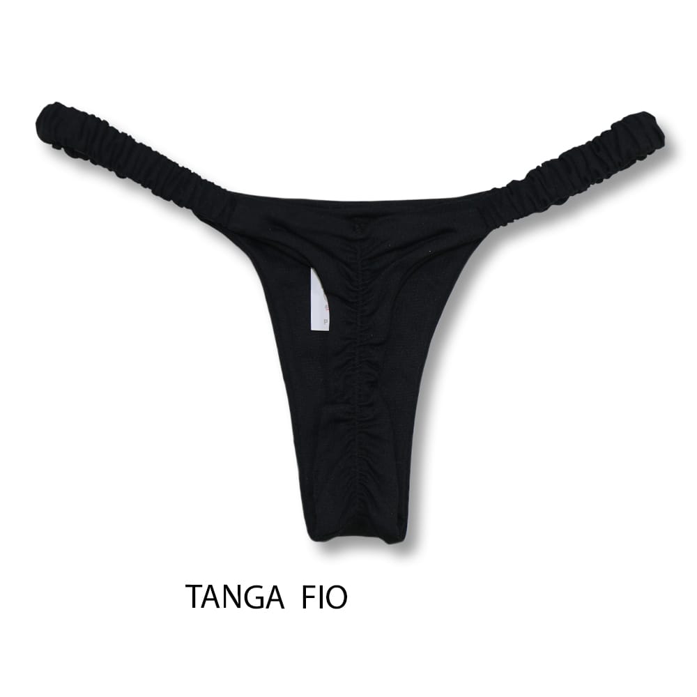 Conjunto de biquíni Frufru Preto | Top Mila + Tanga Flora | Top Micro Cortininha sem Bojo | Tanga Elástico Frufru Fio Dental