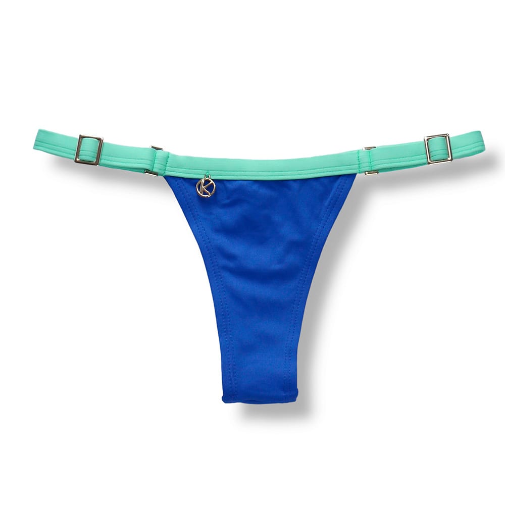 Tanga Fany Bicolor Azul Cobalto | Biquíni Liso Semi Fio | Marquinha de Fita | Regulável | Detalhe Verde Mint