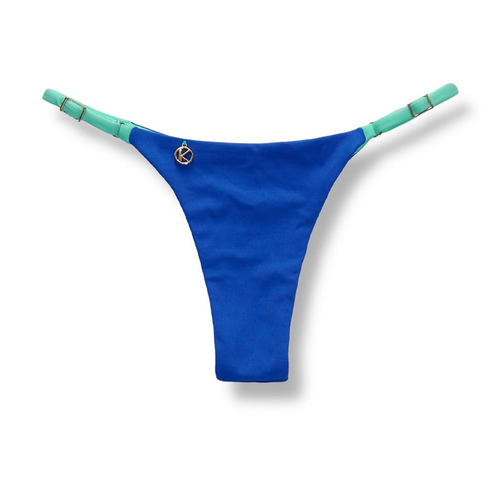 Tanga Mia Bicolor Azul Cobalto | Biquíni Liso Semi Fio | Tira Fina Regulável | Marquinha de Fita | Detalhe Verde Mint