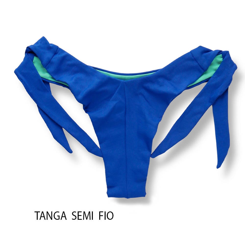 Tanga Mora Bicolor Azul Cobalto | Biquíni Fio Duplo | Empina Bumbum | Amarração Lateral Larga | Detalhe Interno Verde Mint
