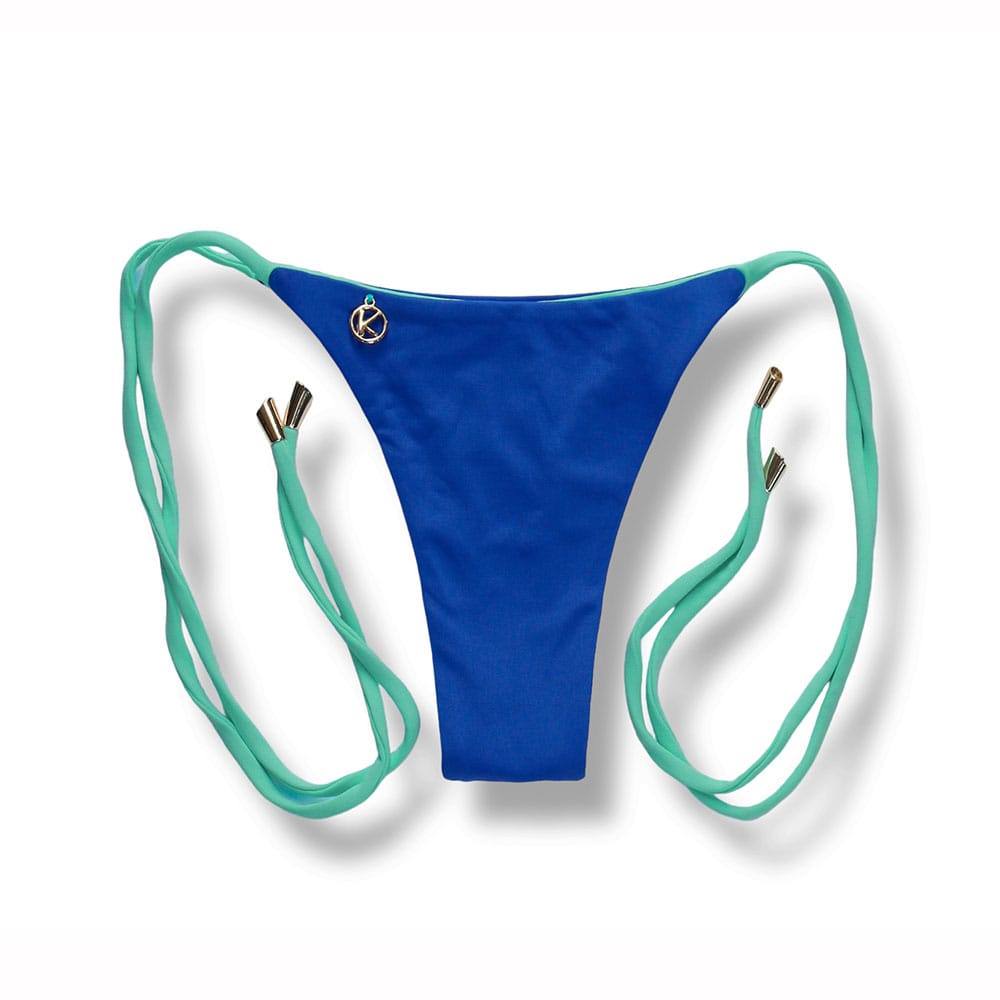 Tanga Cora Bicolor Azul Cobalto | Biquíni Fio Dental com Laço para Amarrar na Cor Verde Mint | Dupla Face Verde Mint