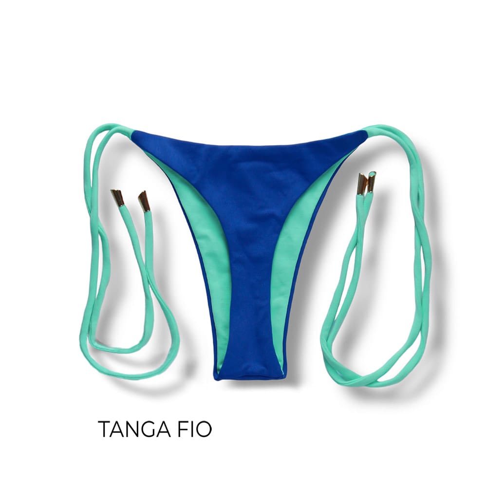 Tanga Cora Bicolor Azul Cobalto | Biquíni Fio Dental com Laço para Amarrar na Cor Verde Mint | Dupla Face Verde Mint
