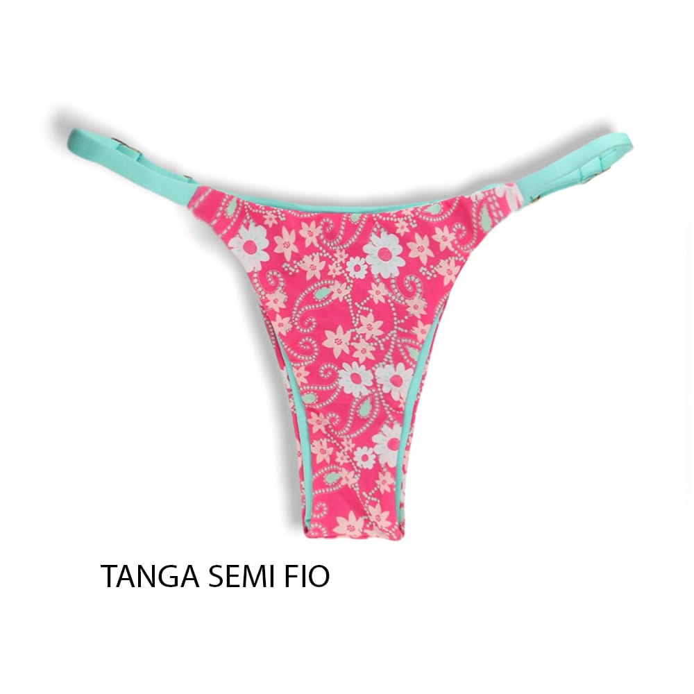 Conjunto de biquíni Floral Rosa com a Combinação Verde Mint | Top Faixa + Tanga Mia | Tanga Marquinha de Fita Semi Fio | Top faixa com amarração nas costas