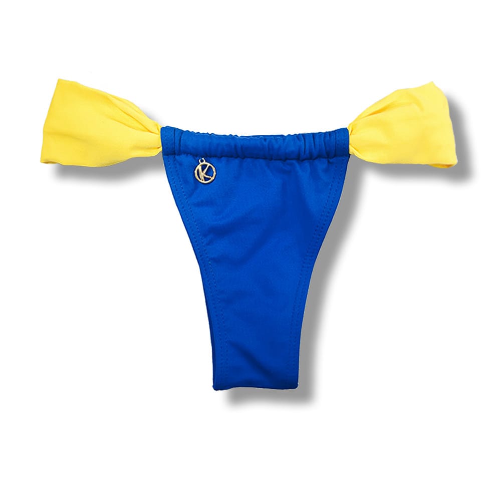 Tanga Gali Azul Cobalto e Amarelo Canário | Biquíni Fio Dental | Cortininha Regulável