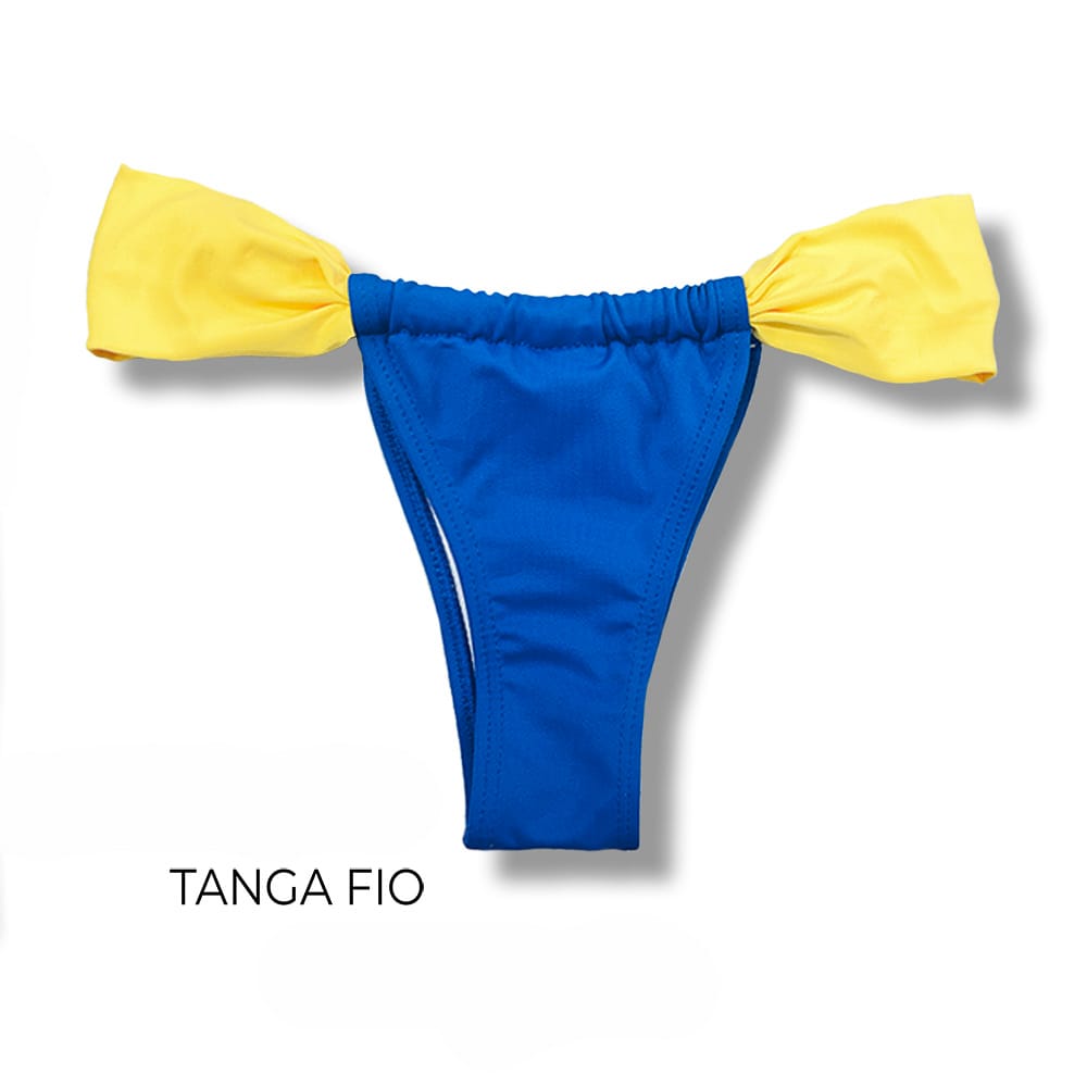 Tanga Gali Azul Cobalto e Amarelo Canário | Biquíni Fio Dental | Cortininha Regulável
