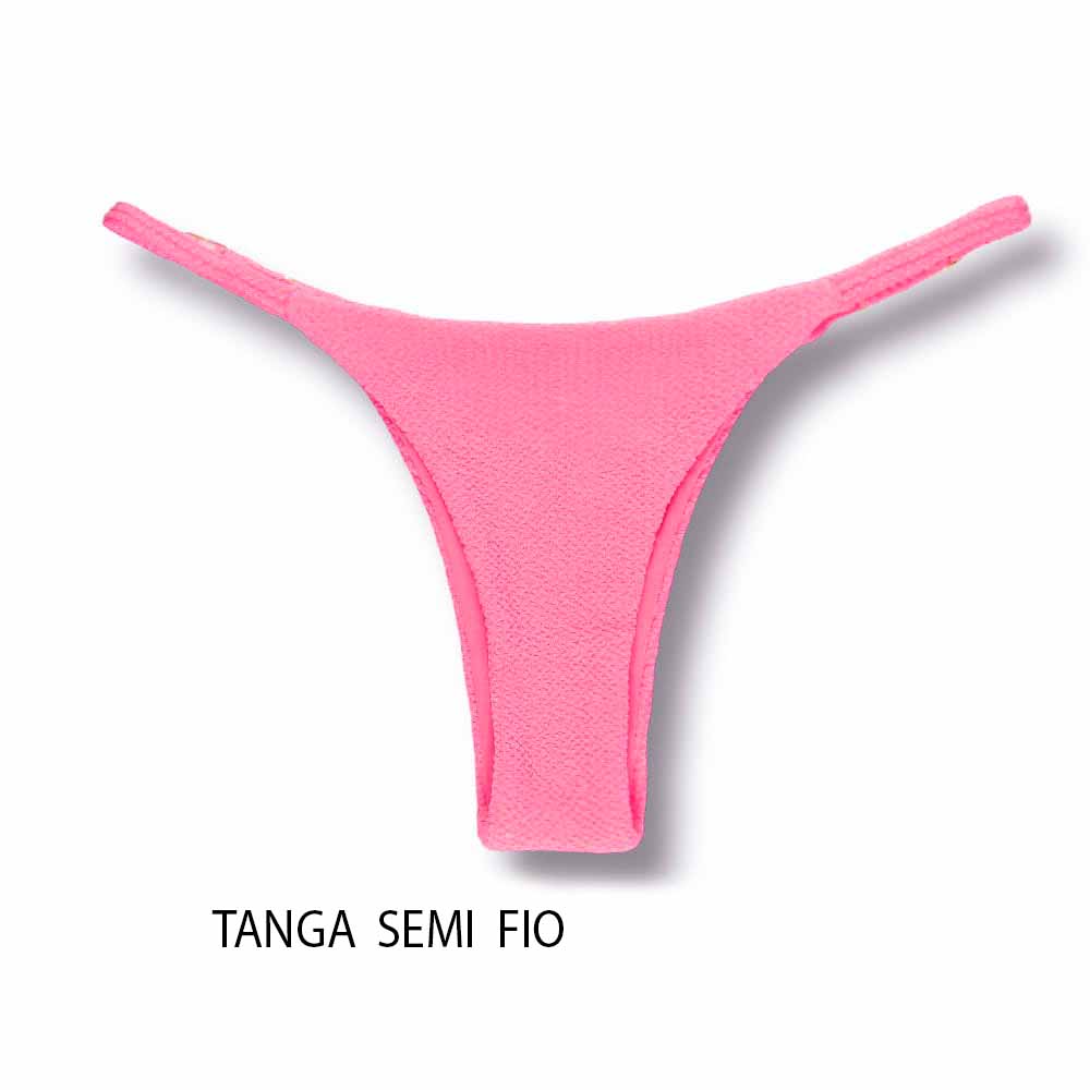Tanga Mia Blush | Biquíni Cor Lisa Rosa | Semi Fio | Tira Fina Regulável | Marquinha de Fita | Tecido Texturizado Plissê