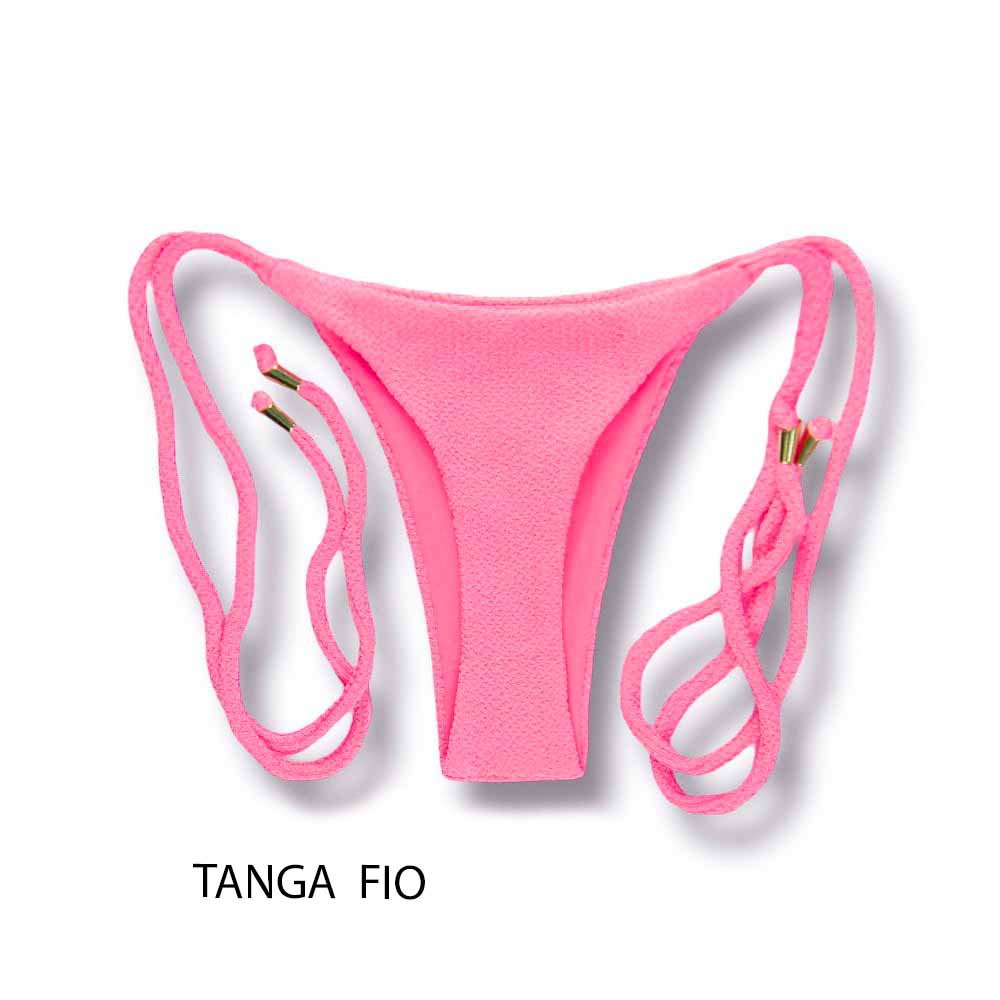 Tanga Cora Rosa Blush | Biquíni Fio Dental com Laço Lateral | Dupla Face Liso Rosa | Tecido Texturizado Plissê