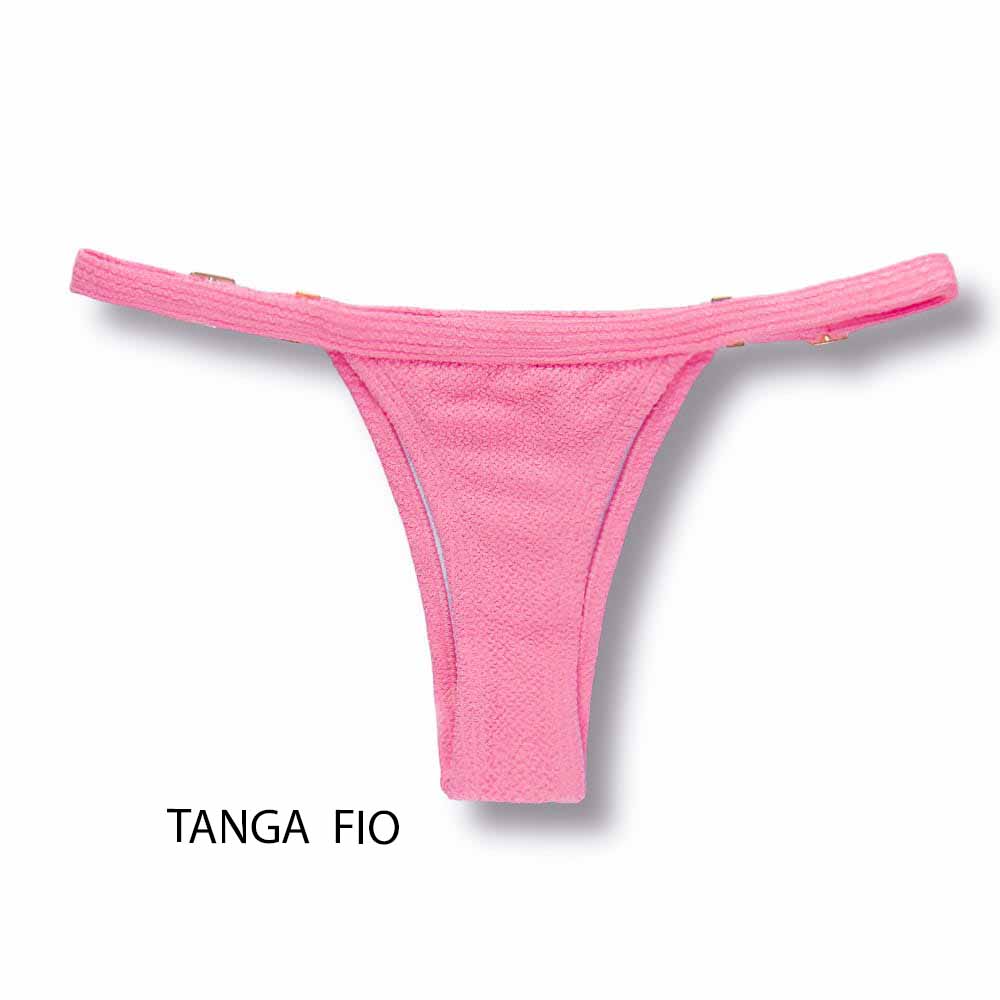 Tanga Fany Blush | Biquíni Cor Lisa Rosa | Semi Fio | Marquinha de Fita | Regulável | Tecido Texturizado Plissê