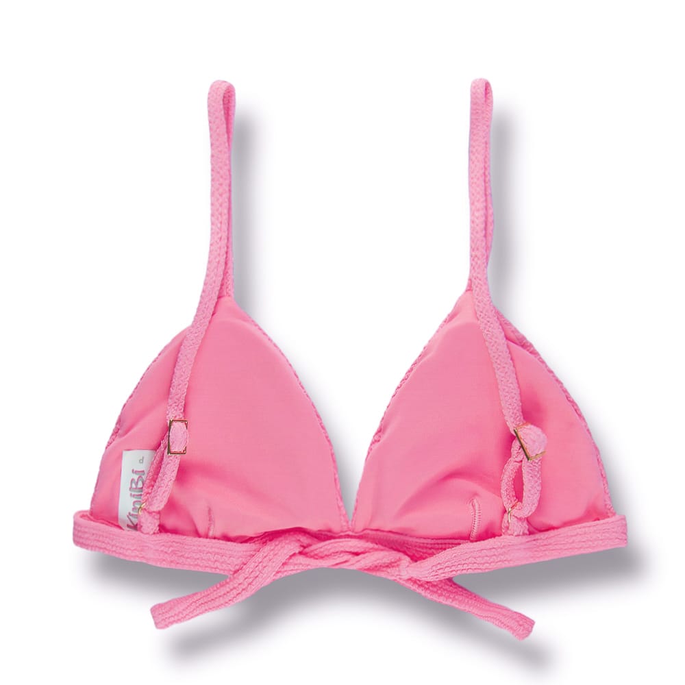 Top Jade Blush | Cortininha Triângulo Fixo | Estilo Sutiã com Amarração nas Costas | Alças com Regulagem | Biquíni Cor Lisa Rosa | Tecido Texturizado Plissê