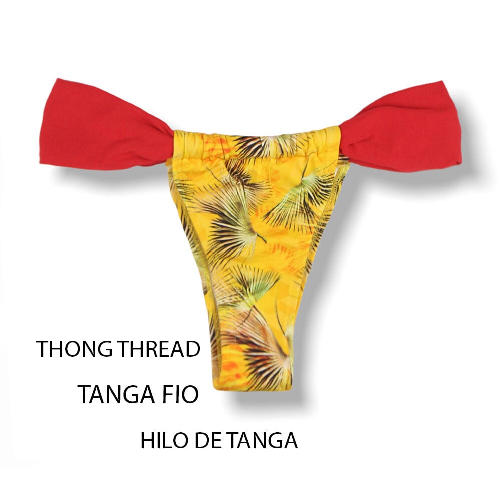 Tanga Gali Amarelo Tropical | Biquíni Estampado | Fio Dental | Cortininha Regulável | Detalhe Vermelho Carmim