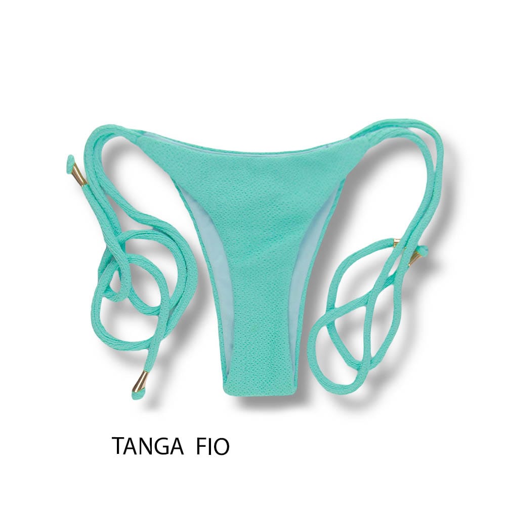 Tanga Cora Menta | Biquíni Fio Dental com Laço Lateral | Dupla Face Liso Verde Água | Tecido Texturizado Plissê