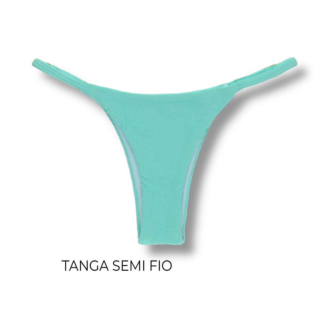 Tanga Mia Menta | Biquíni Cor Lisa Verde Água | Semi Fio | Tira Fina Regulável | Marquinha de Fita | Tecido Texturizado Plissê