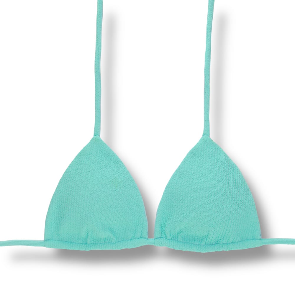 Top Lua Menta | Cortininha com Bojo | Dupla Face Liso Verde água | Reversível | Amarração nas Costas e Pescoço | Biquíni cor Lisa | Tecido Texturizado Plissê
