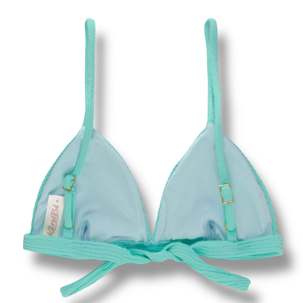 Top Jade Menta | Cortininha Triângulo Fixo | Estilo Sutiã com Amarração nas Costas | Alças com Regulagem | Biquíni Cor Lisa Verde Água | Tecido Texturizado Plissê