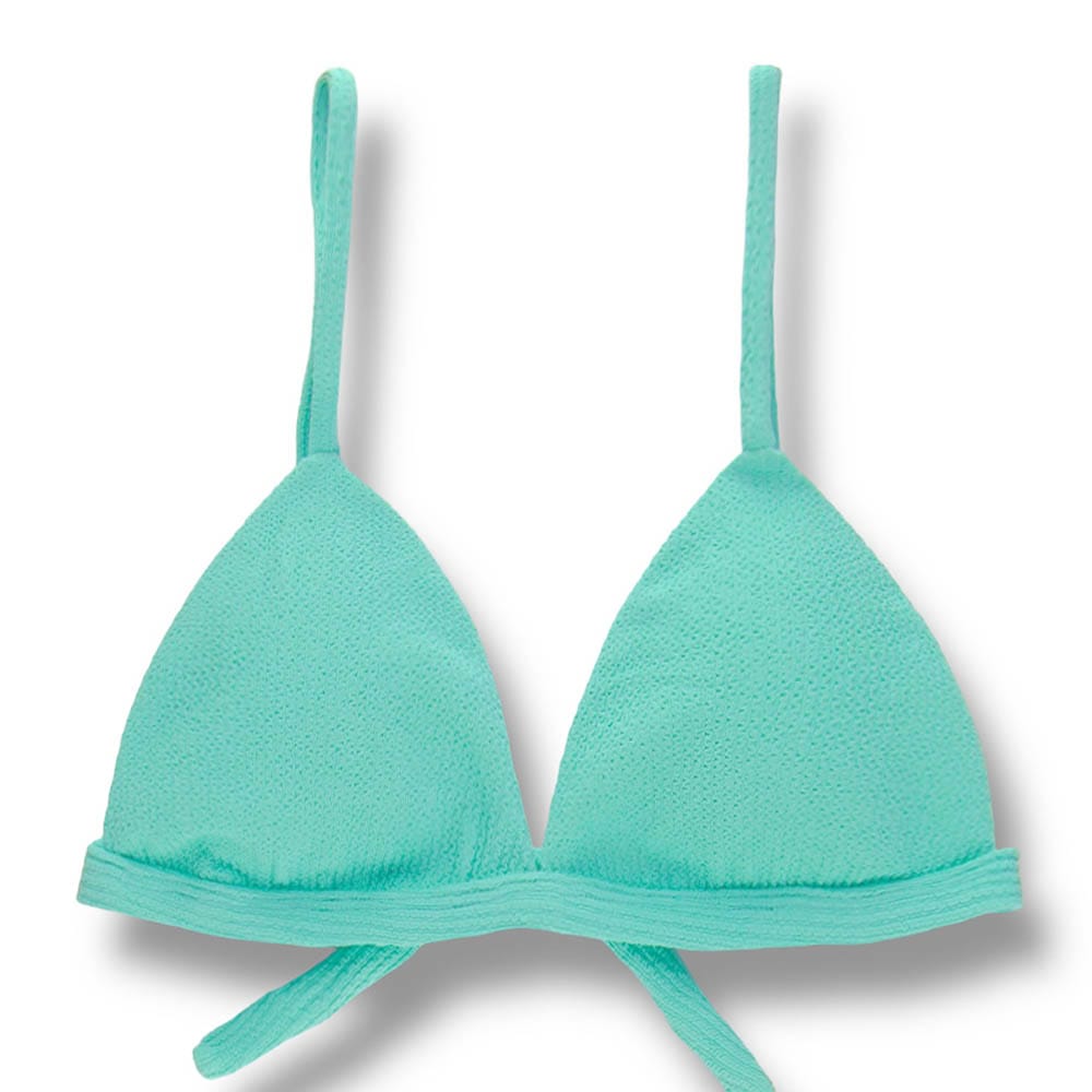 Top Jade Menta | Cortininha Triângulo Fixo | Estilo Sutiã com Amarração nas Costas | Alças com Regulagem | Biquíni Cor Lisa Verde Água | Tecido Texturizado Plissê