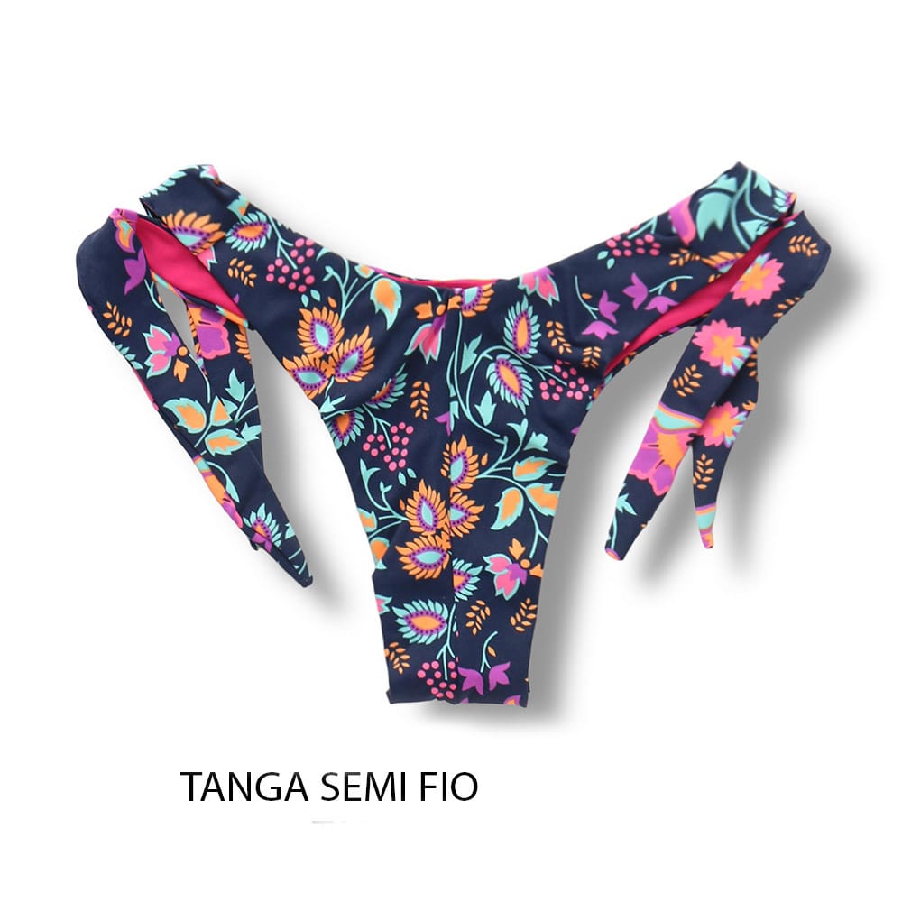 Tanga Mora Bosque | Biquíni Estampado Fio Duplo | Empina Bumbum | Amarração Lateral Larga | Detalhe Interno Pink