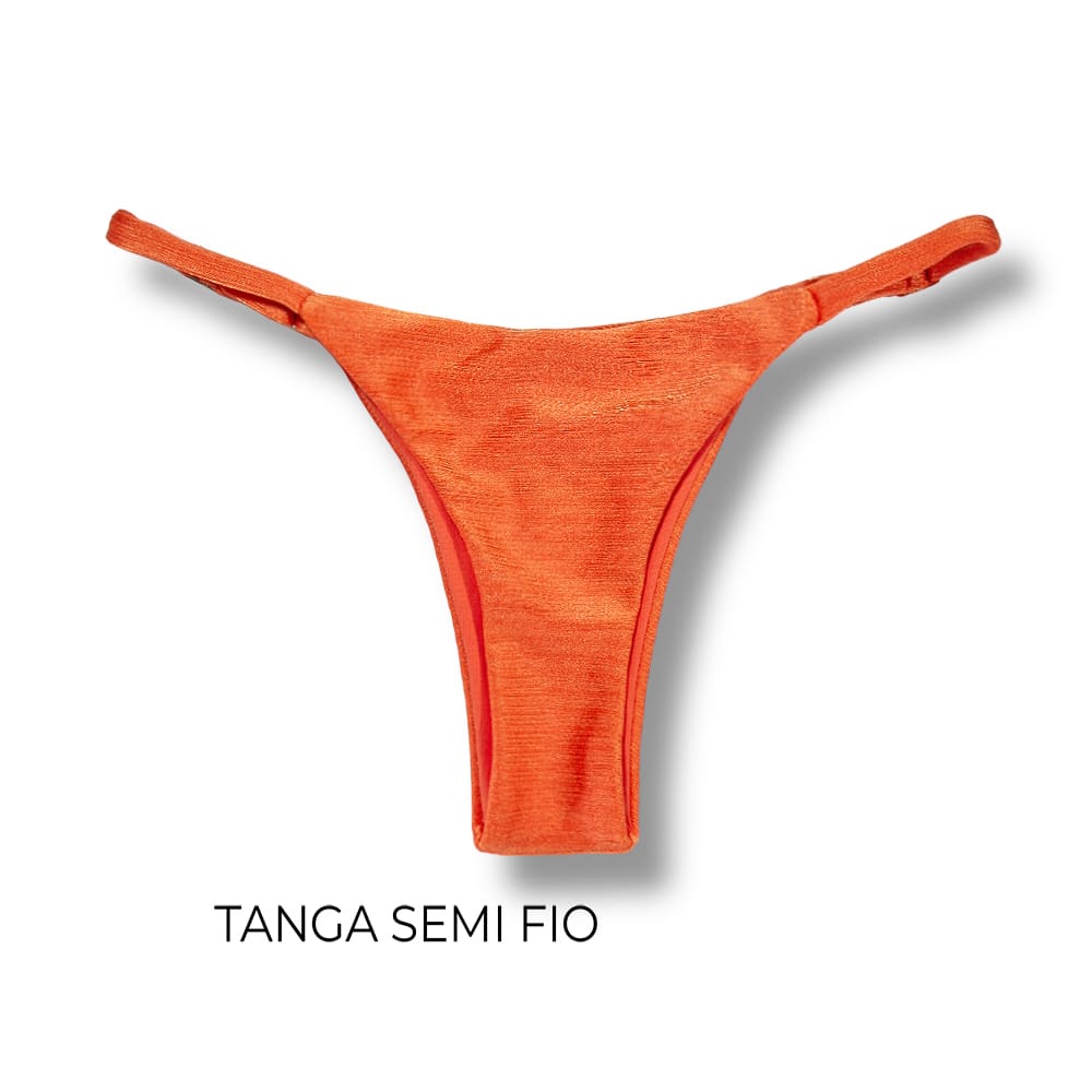 Tanga Mia Tangerina | Biquíni Cor Lisa Semi Fio | Tira Fina Regulável | Marquinha de Fita | Tecido Texturizado Semibrilho