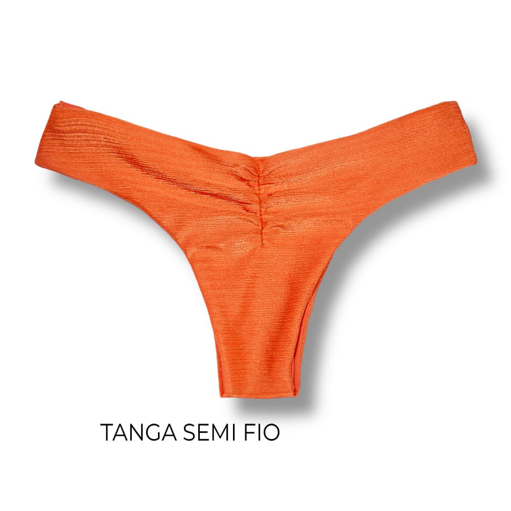 Tanga Isa Tangerina | Biquíni Liso Semi Fio Ripple | Levanta Bumbum | Dupla Face Laranja | Reversível | Tecido Texturizado Semibrilho