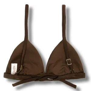 Top Jade Caffè | Cortininha Triângulo Fixo | Estilo Sutiã com Amarração nas Costas | Alças com Regulagem | Biquíni Cor Lisa | Tecido Texturizado Semibrilho