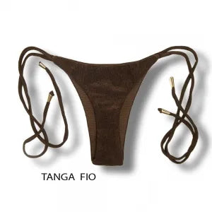 Tanga Cora Caffè | Biquíni Fio Dental com Laço Lateral | Dupla Face Liso | Reversível | Tecido Texturizado Semibrilho