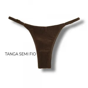 Tanga Mia Caffè | Biquíni Cor Lisa Semi Fio | Tira Fina Regulável | Marquinha de Fita | Tecido Texturizado Semibrilho