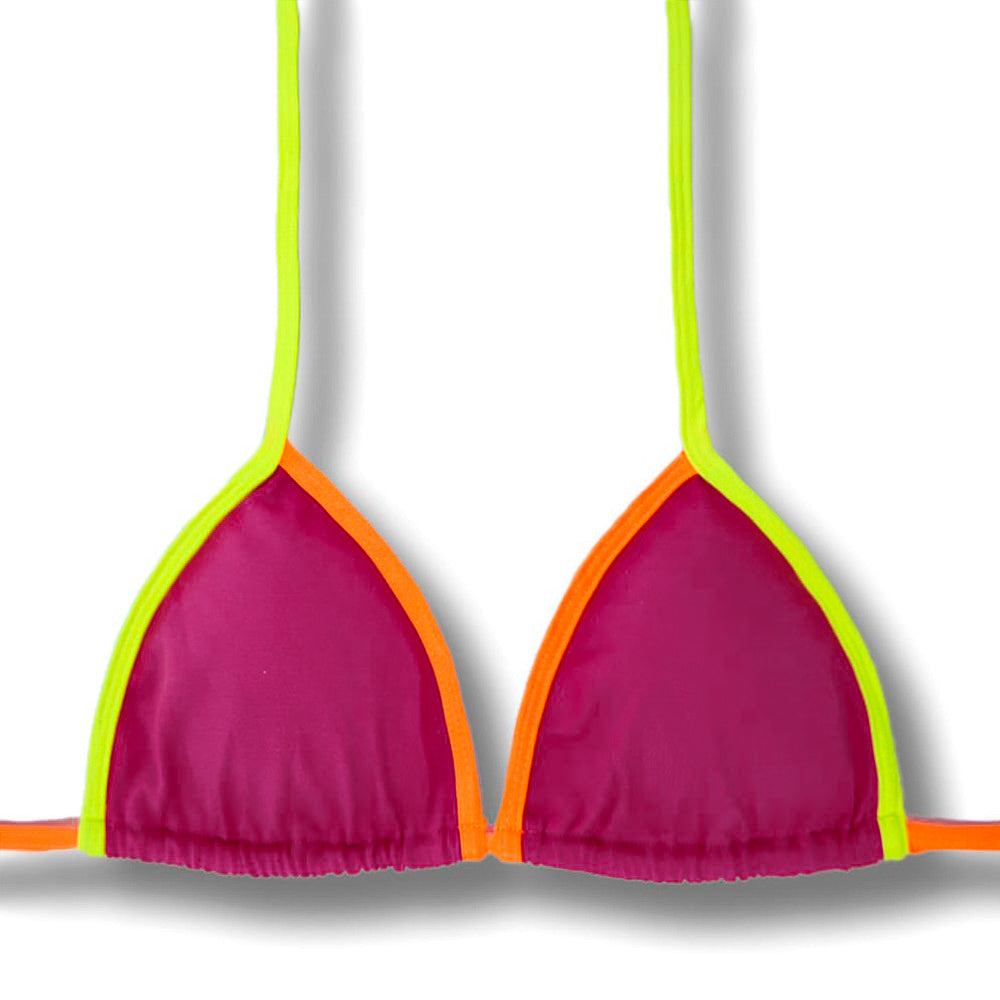 Top Mara Pink Twist | Cortininha com Viés | Amarração nas Costas e Pescoço | Biquíni  Liso Tricolor | Detalhes em Laranja e Amarelo Neon