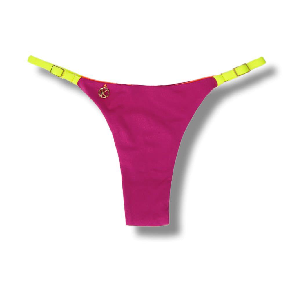 Tanga Mia Pink Twist | Biquíni Liso Semi Fio | Tira Fina Regulável | Marquinha de Fita | Cor Pink | Detalhes em Laranja e Amarelo Neon