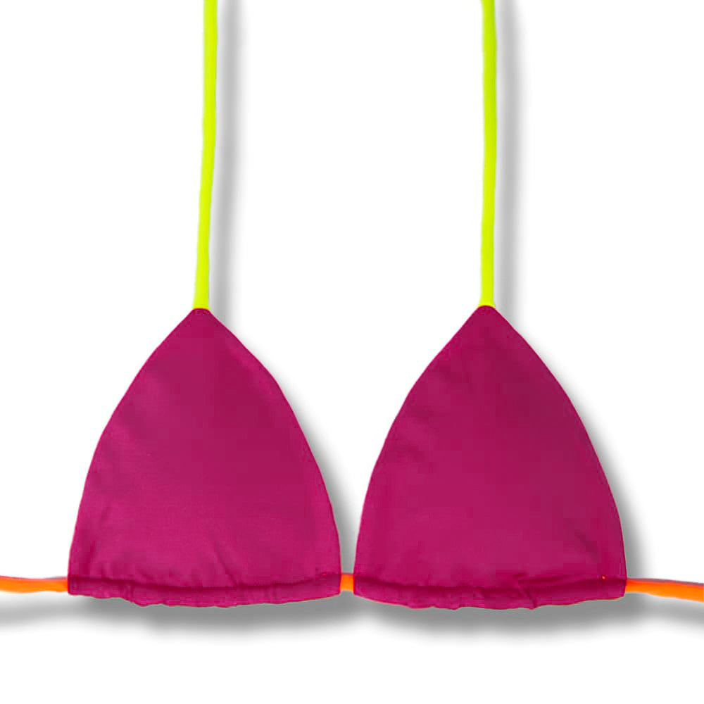 Top Lua Pink Twist | Cortininha com Bojo | Dupla Face Amarelo Neon | Reversível | Amarração nas Costas e Pescoço | Biquíni Tricolor Liso | Detalhe Laranja